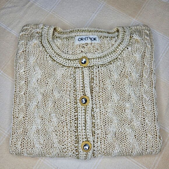 Vintage Asian Silk Light Gold Metallic Gold Trim Button Front Open Knit Sweater - Picture 1 of 11